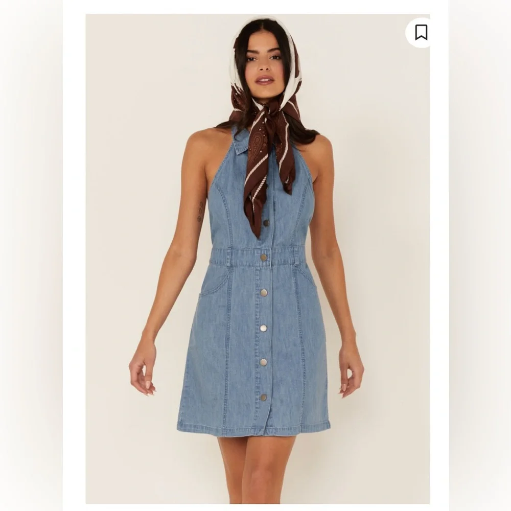 Free People Women's Blue Sami Denim Collared Halter Mini Dress Size S - Picture 5 of 6